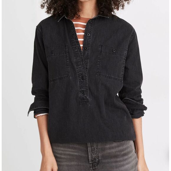 Madewell Denim Popover Top in Black‎ Wash, size S - Picture 5 of 5